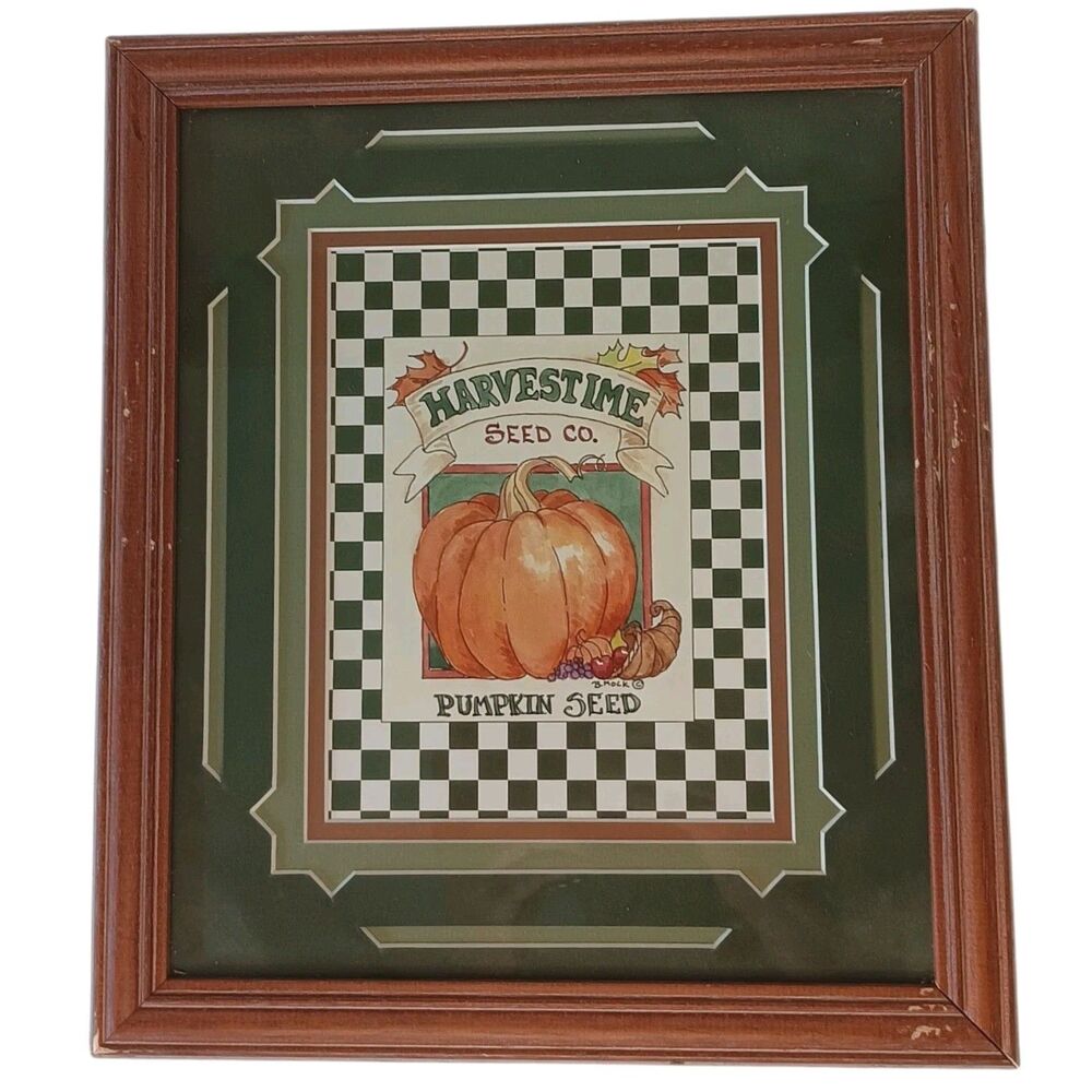 VTG Barbara Mock Pumpkin Print Matted  Framed Green Orange Black & White Checks